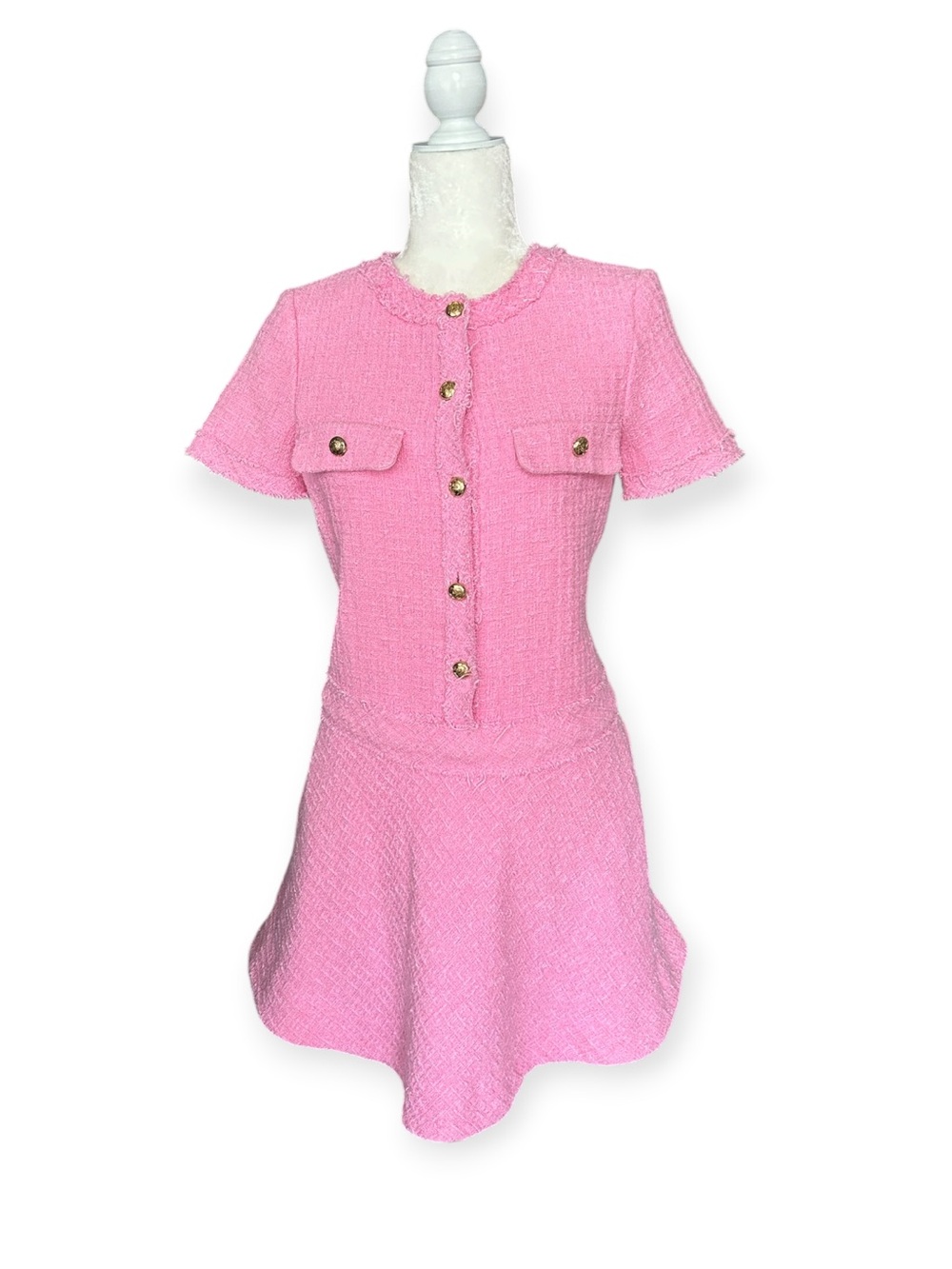 Zara Pink Tweed Short-Sleeve Mini Dress with Gold Buttons - Medium
